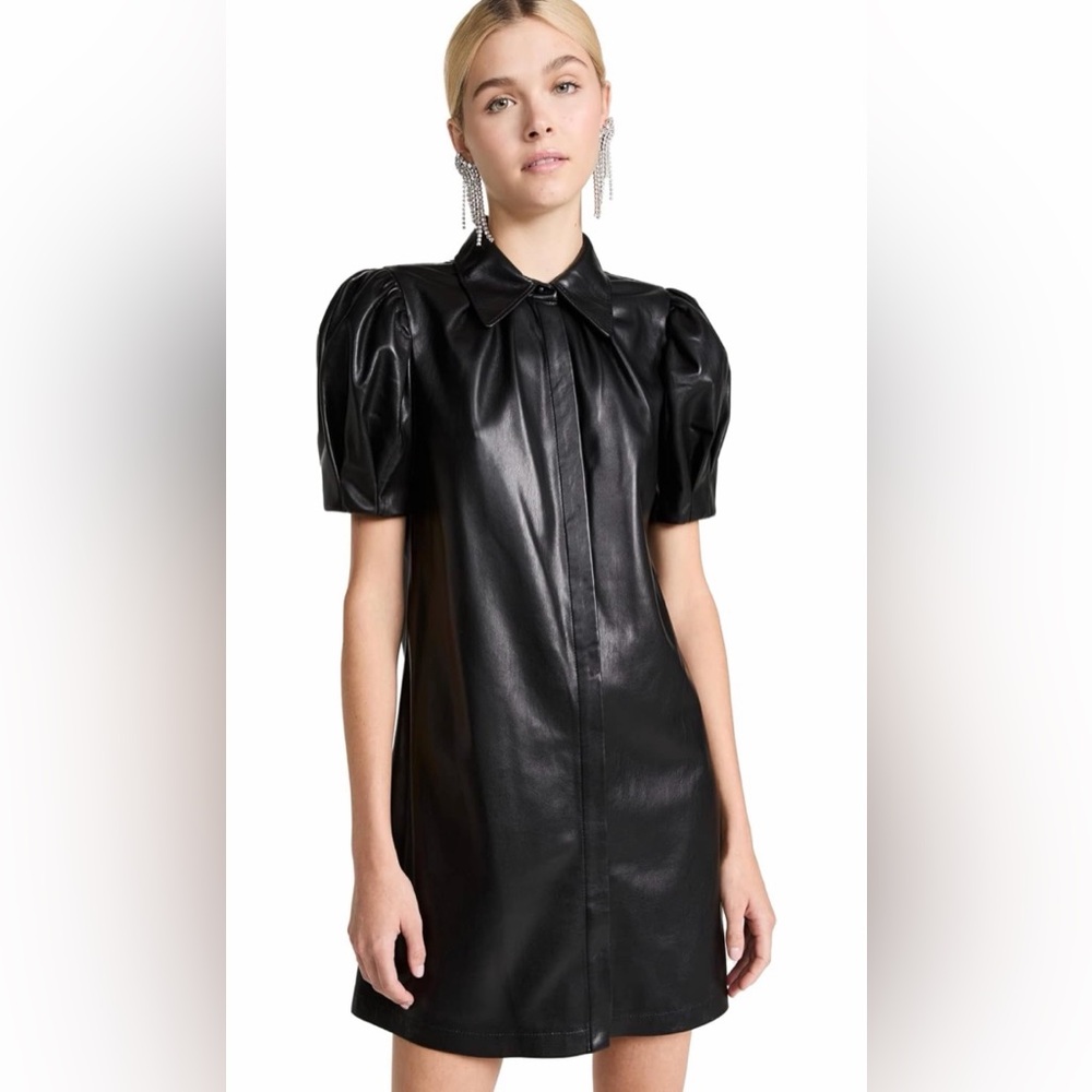 Alice + Olivia Black Jen Vegan Leather Puff-Sleeve Shirt Dress. Size XL